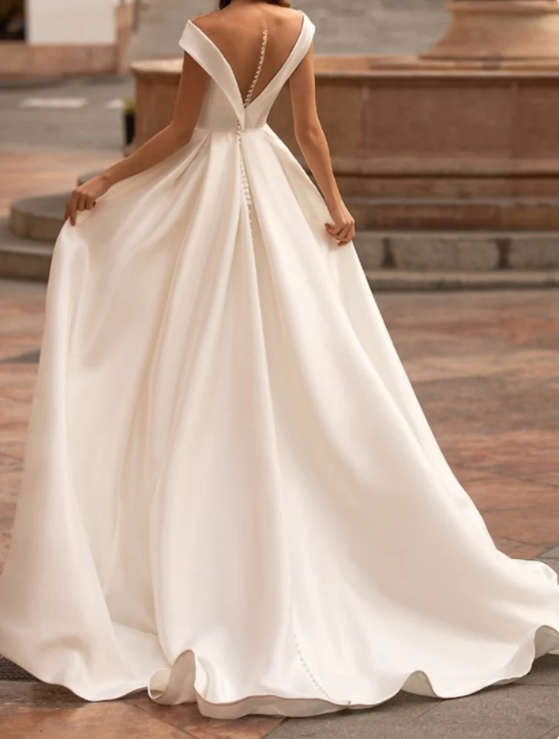 Elegant White V-neck Off-the-shoulder A-Line Satin Trailing Long Wedding Dress TP4823