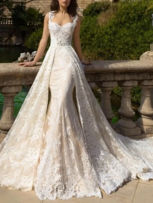 Elegant Ivory Lace Sweetheart Mermaid Straps Trailing Long Wedding Dress TP4826