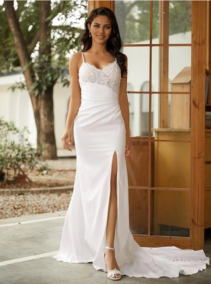 Elegant White Applique Sheath Spaghetti Strap High Slit Trailing Long Wedding Dress TP4827