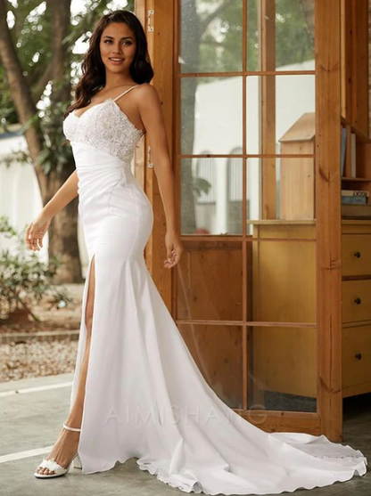 Elegant White Applique Sheath Spaghetti Strap High Slit Trailing Long Wedding Dress TP4827