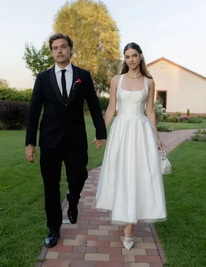 Elegant Simple White Square-neck Straps A-Line Ankle-length Wedding Dress TP4835