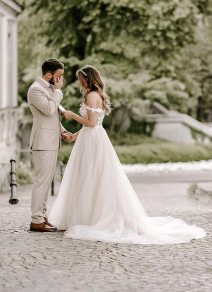 Elegant White Applique Straps A-Line Tulle Trailing Long Wedding Dress TP4838