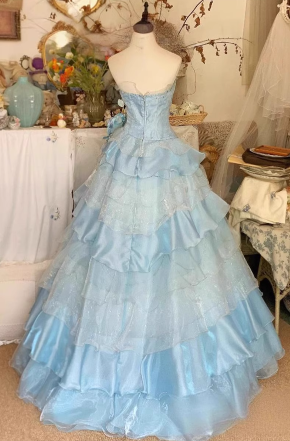 Vintage Sky Blue Spaghetti Strap Sweet 16 Quinceanera A-Line Floor-length Tiered Prom Dress Birthday Dress Evening Dress Ball Gown TP4842