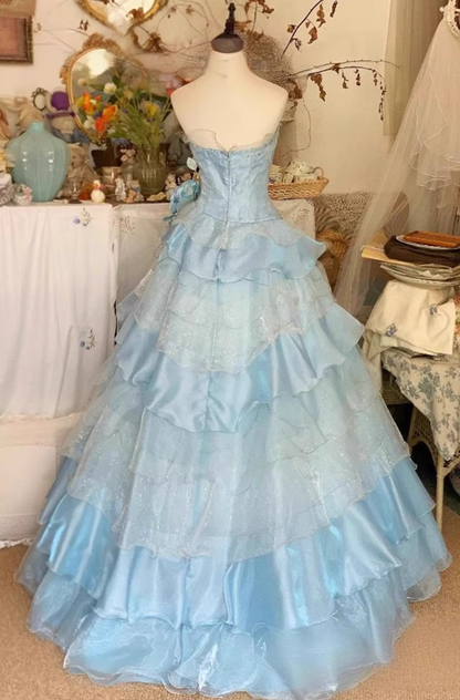 Vintage Sky Blue Spaghetti Strap Sweet 16 Quinceanera A-Line Floor-length Tiered Prom Dress Birthday Dress Evening Dress Ball Gown TP4842