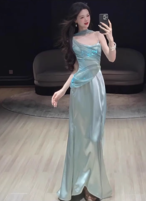 Elegant Aqua Spaghetti Strap Prom Dress Satin Evening Gown Sheath Party Dress Long Formal Dress TP4841
