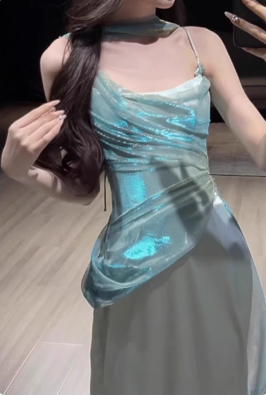 Elegant Aqua Spaghetti Strap Prom Dress Satin Evening Gown Sheath Party Dress Long Formal Dress TP4841