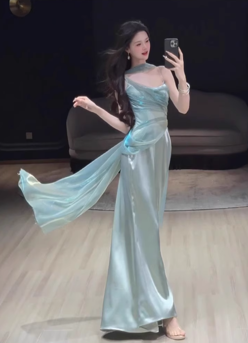 Elegant Aqua Spaghetti Strap Prom Dress Satin Evening Gown Sheath Party Dress Long Formal Dress TP4841
