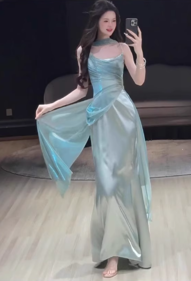 Elegant Aqua Spaghetti Strap Prom Dress Satin Evening Gown Sheath Party Dress Long Formal Dress TP4841