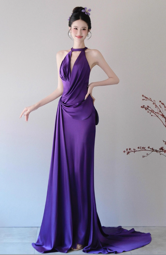 Elegant Purple V-neck Prom Dress Satin Evening Gown Sheath Party Dress Trailing Long Formal Dress TP4840