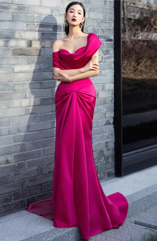 Elegant Hot Pink Off-the-shoulder Prom Dress Satin Evening Gown Mermaid Party Dress Trailing Long Formal Dress TP4842