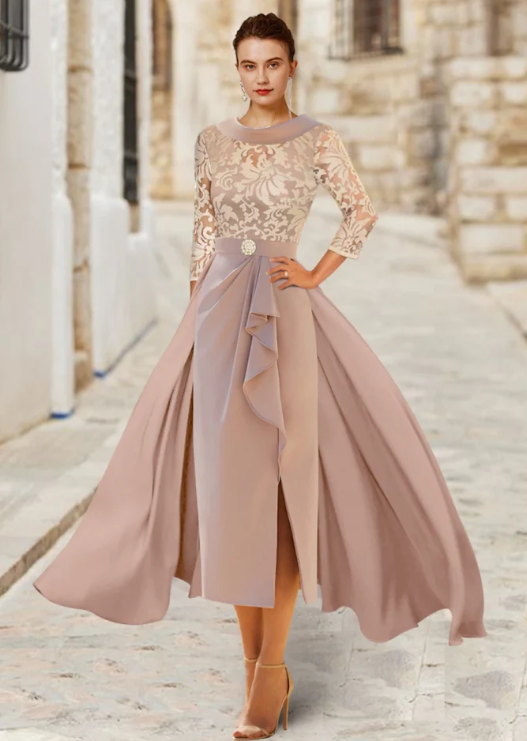 Elegant A-Line Scoop Neck Mother of Bride Dress Ruffled Ruching Evening Gown Satin Ankle Length Formal Dress TP4884