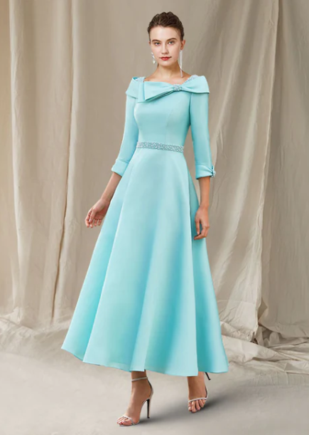 Elegant A-Line Bateau Neck Mother of Bride Dress Sash Ribbon Bow Evening Gown Satin Ankle Length Formal Dress TP4885