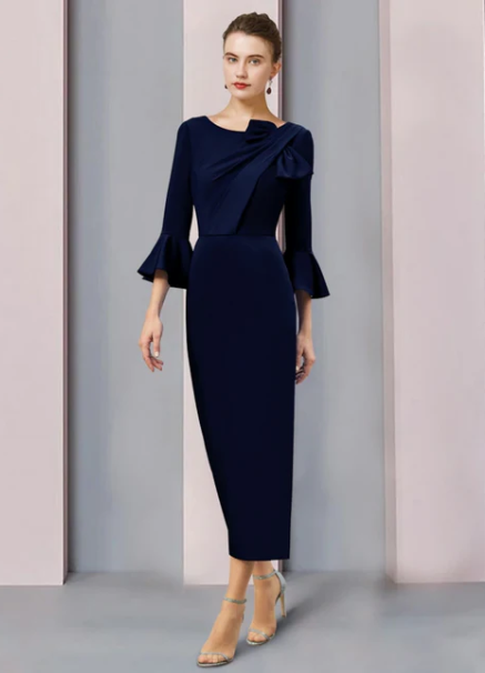 Elegant Navy Blue Sheath Bell Sleeve Mother of Bride Dress Scoop Neck Evening Gown Ankle Length Formal Dress TP4886