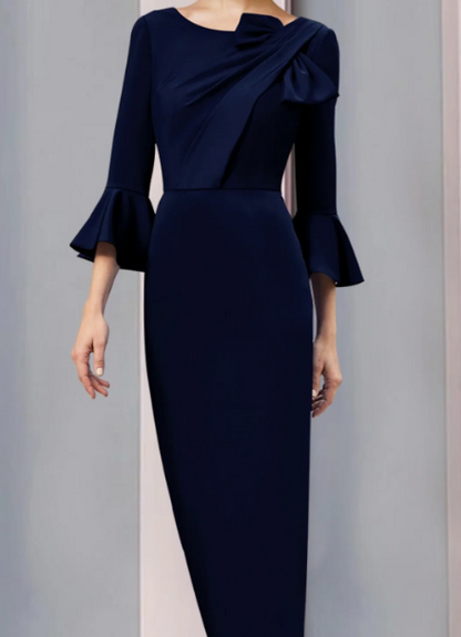 Elegant Navy Blue Sheath Bell Sleeve Mother of Bride Dress Scoop Neck Evening Gown Ankle Length Formal Dress TP4886