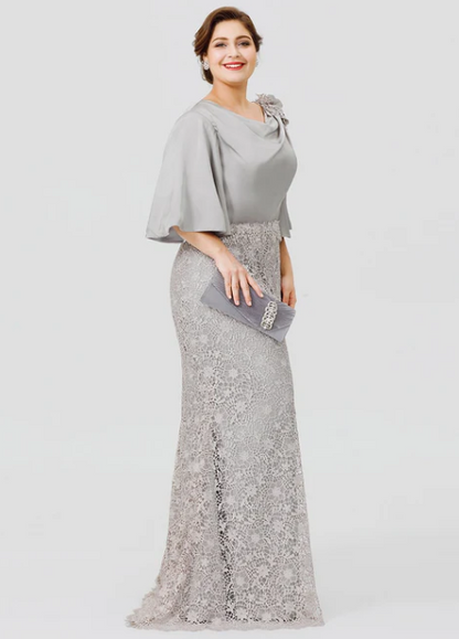 Elegant Lace Half Sleeve Cowl Neck Mother of Bride Dress Sheath Evening Gown Long Formal Dress TP4888