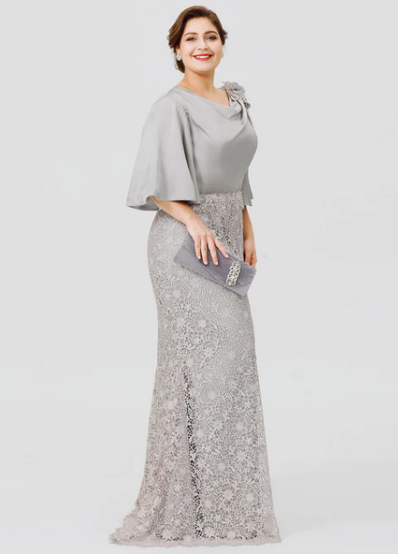 Elegant Lace Half Sleeve Cowl Neck Mother of Bride Dress Sheath Evening Gown Long Formal Dress TP4888