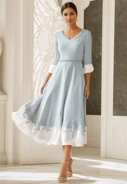 Elegant Appliqued Half Sleeve Mother of Bride Dress A-Line Evening Gown Tea Length Formal Dress TP4889