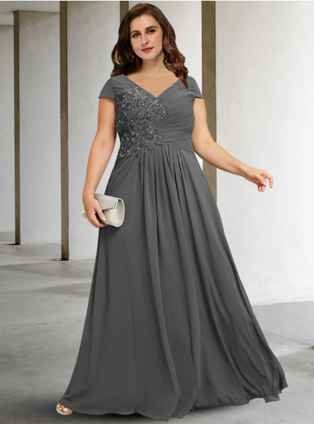 Elegant Gray A-Line V-neck Beaded Mother of Bride Dress Beaded Evening Gown Chiffon Ankle Length Formal Dress TP4883