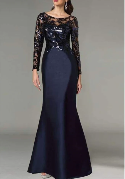 Elegant Navy Blue Mermaid Sequin Mother of Bride Dress Jewel Neck Evening Gown Long Formal Dress TP4879