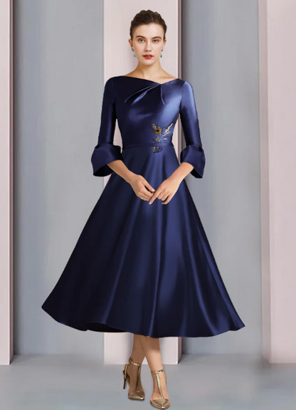Elegant Embroidery Satin A-Line Mother of Bride Dress Bateau Neck Evening Gown Tea Length Formal Dress TP4881