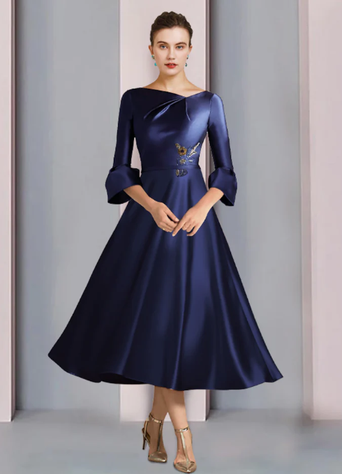 Elegant Embroidery Satin A-Line Mother of Bride Dress Bateau Neck Evening Gown Tea Length Formal Dress TP4881