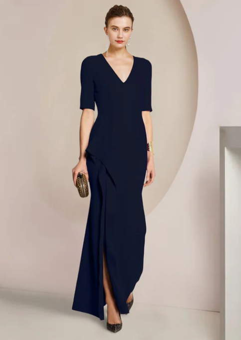 Elegant Navy Blue Sheath V-neck Mother of Bride Dress Slit Evening Gown Long Formal Dress TP4882