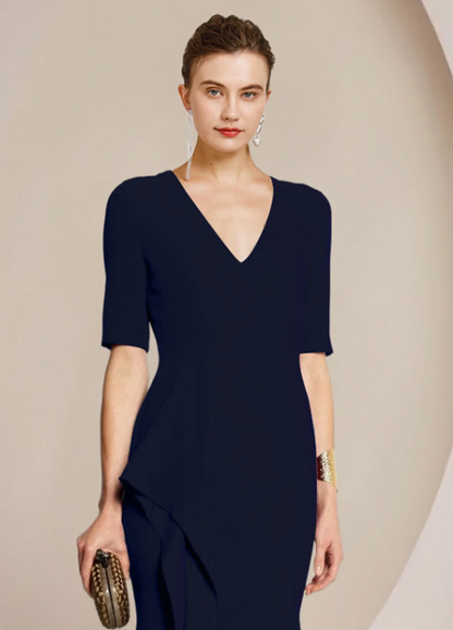 Elegant Navy Blue Sheath V-neck Mother of Bride Dress Slit Evening Gown Long Formal Dress TP4882