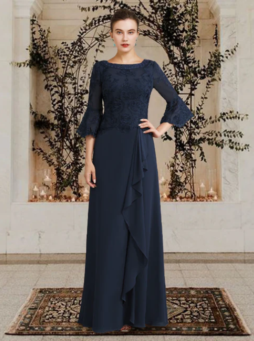 Elegant Navy Blue Embroidery Mother of Bride Dress Jewel Neck Evening Gown Ruffled Long Formal Dress TP4878