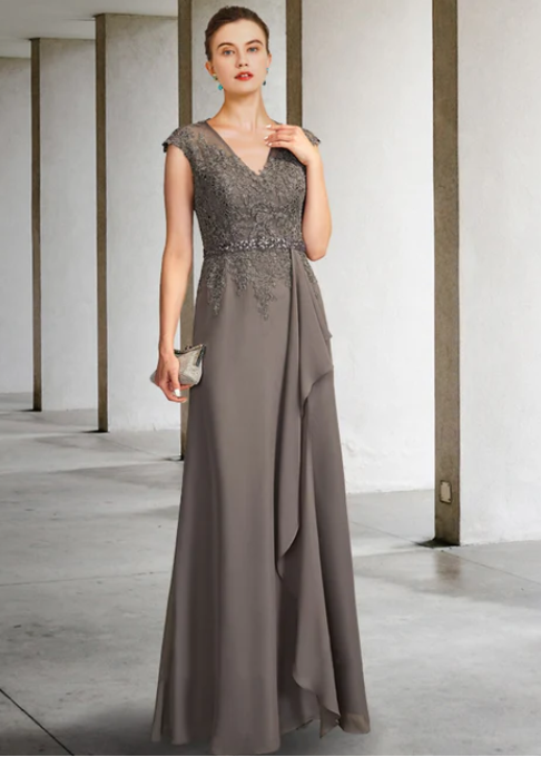 Vintage V-neck Chiffon Applique Mother of Bride Dress Cap Sleeve Evening Gown Floor Length Formal Dress TP4870