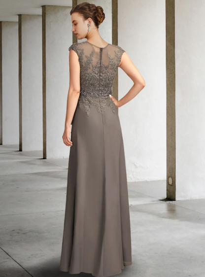 Vintage V-neck Chiffon Applique Mother of Bride Dress Cap Sleeve Evening Gown Floor Length Formal Dress TP4870