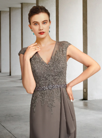 Vintage V-neck Chiffon Applique Mother of Bride Dress Cap Sleeve Evening Gown Floor Length Formal Dress TP4870