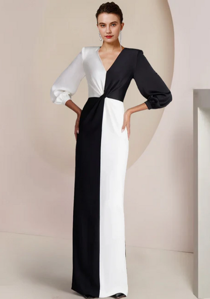 Vintage Sheath V-neck Satin Mother of Bride Dress Long Sleeve Evening Gown Floor Length Formal Dress TP4871