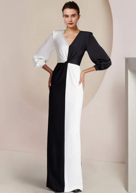 Vintage Sheath V-neck Satin Mother of Bride Dress Long Sleeve Evening Gown Floor Length Formal Dress TP4871