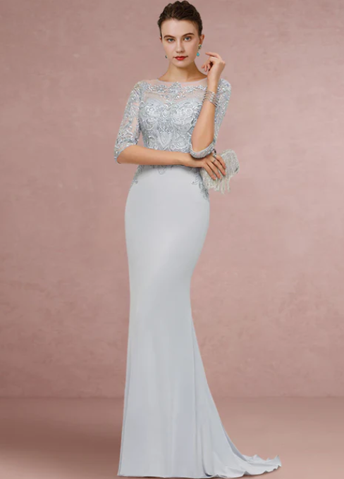 Vintage Sheath Scoop Neck Lace Sequined  Mother of Bride Dress Half Sleeve Evening Gown Long Formal Dress TP4872