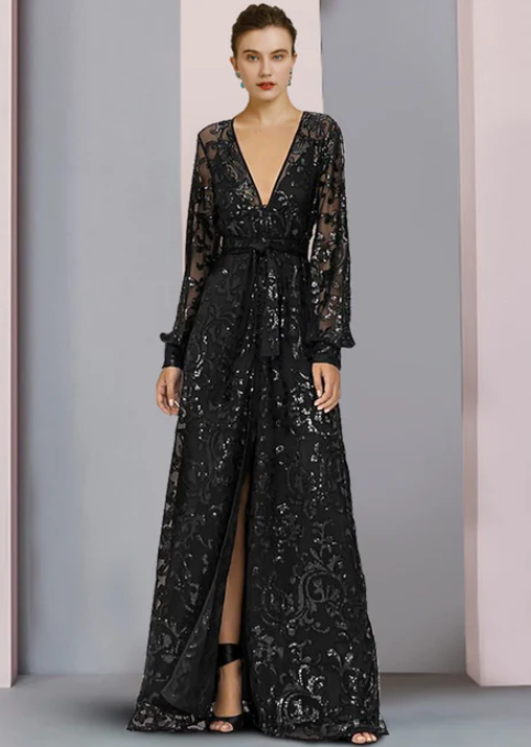 Elegant Black V-neck A-Line Lace Sequined Mother of Bride Dress Long-sleeved Evening Gown Long Formal Dress TP4873