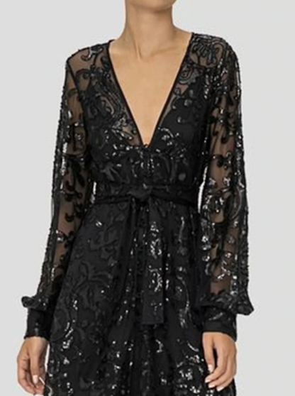 Elegant Black V-neck A-Line Lace Sequined Mother of Bride Dress Long-sleeved Evening Gown Long Formal Dress TP4873