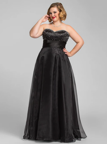 Elegant Black Sweetheart A-Line Beaded Mother of Bride Dress Strapless Evening Gown Long Formal Dress TP4874