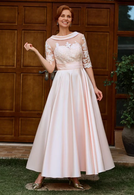 Elegant Pink Satin Mother of Bride Dress Half Sleeve Lace Evening Gown Ankle Length Formal Dress TP4876