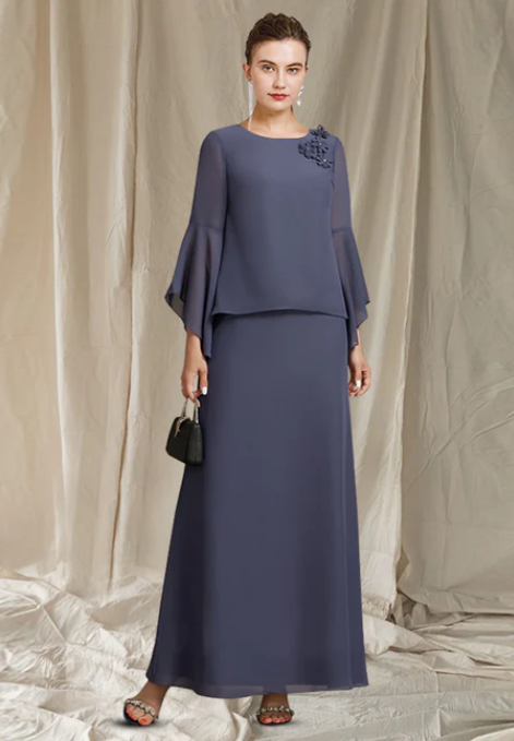 Elegant Chiffon Long-sleeved Two Piece Mother of Bride Dress Jewel Neck Evening Gown Long Formal Dress TP4877