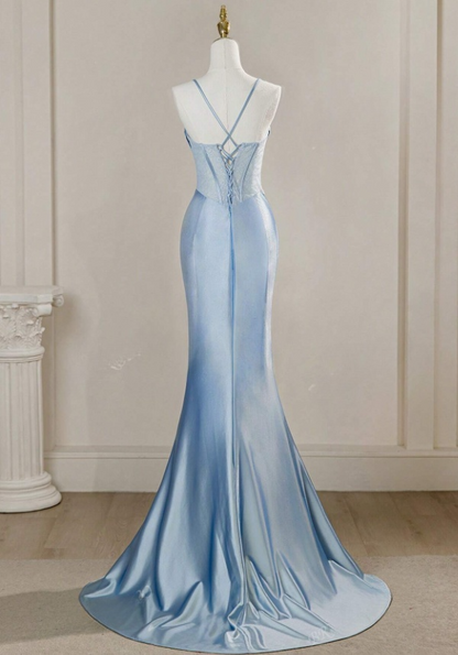 Vintage Sky Blue Applique Sequin Sheath Sweetheart Satin Evening Gown Spaghetti Strap Party Dress Slit Ruffled Long Formal Dress TP4902
