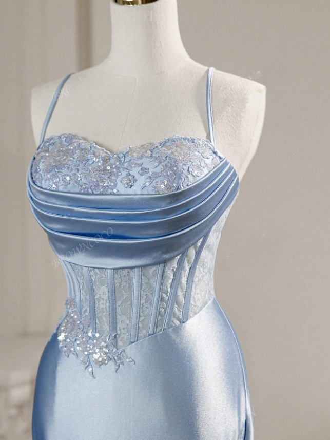 Vintage Sky Blue Applique Sequin Sheath Sweetheart Satin Evening Gown Spaghetti Strap Party Dress Slit Ruffled Long Formal Dress TP4902