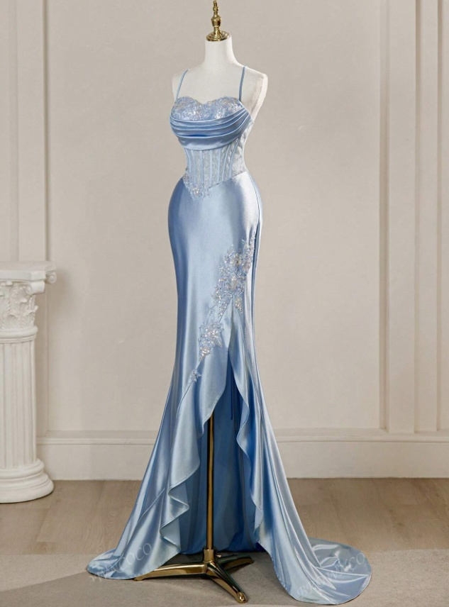 Vintage Sky Blue Applique Sequin Sheath Sweetheart Satin Evening Gown Spaghetti Strap Party Dress Slit Ruffled Long Formal Dress TP4902