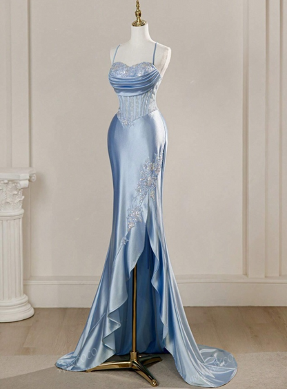 Vintage Sky Blue Applique Sequin Sheath Sweetheart Satin Evening Gown Spaghetti Strap Party Dress Slit Ruffled Long Formal Dress TP4902