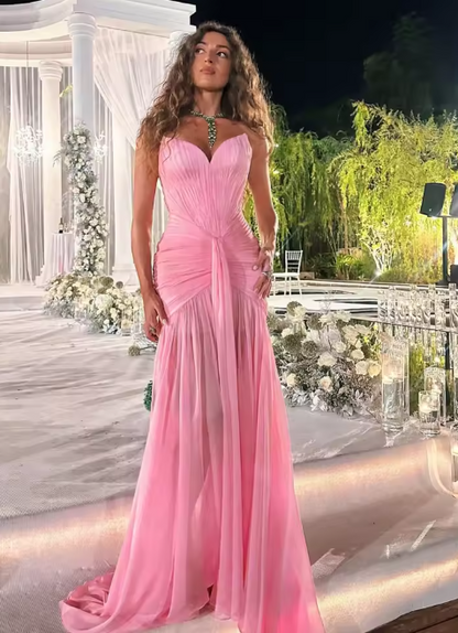Vintage Pink Sweetheart Evening Dress Sheath Strapless Slit Chiffon Long Prom Dress TP5056