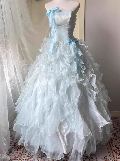 Chic Sky Blue A-Line Evening Gown Strapless Ribbon Bow Ball Gown Long Ruffled Tulle Formal Dress TP4911