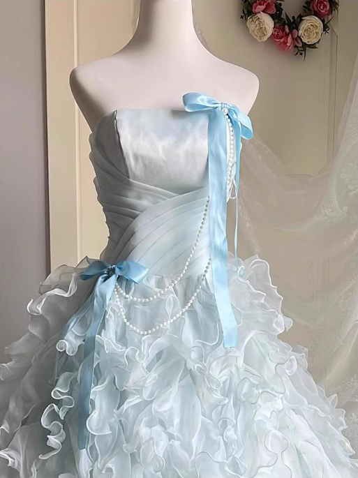 Chic Sky Blue A-Line Evening Gown Strapless Ribbon Bow Ball Gown Long Ruffled Tulle Formal Dress TP4911