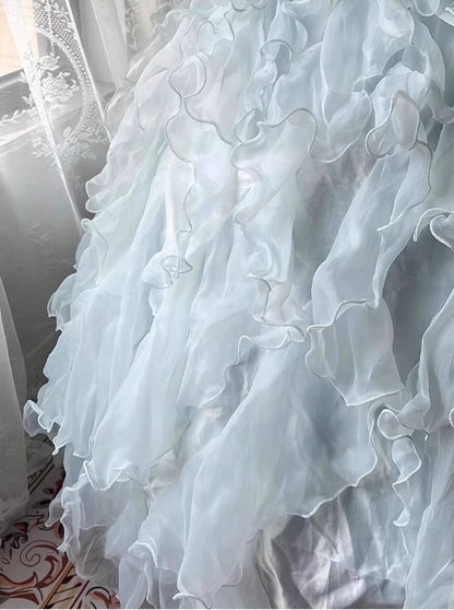 Chic Sky Blue A-Line Evening Gown Strapless Ribbon Bow Ball Gown Long Ruffled Tulle Formal Dress TP4911