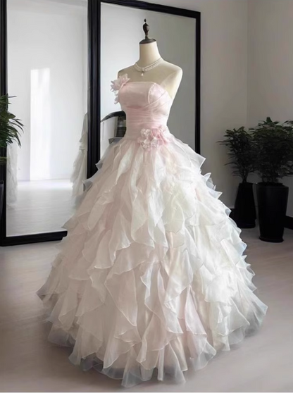 Chic Light Pink A-Line Evening Gown Strapless 3D Flowers  Ball Gown Long Ruffled Tulle Formal Dress TP4912