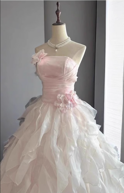 Chic Light Pink A-Line Evening Gown Strapless 3D Flowers  Ball Gown Long Ruffled Tulle Formal Dress TP4912