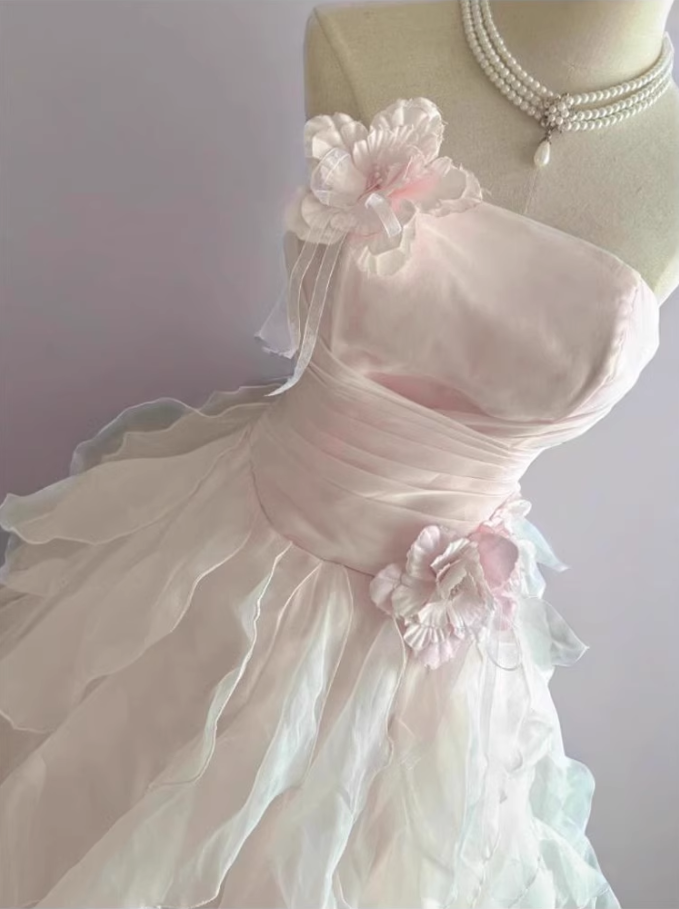 Chic Light Pink A-Line Evening Gown Strapless 3D Flowers  Ball Gown Long Ruffled Tulle Formal Dress TP4912